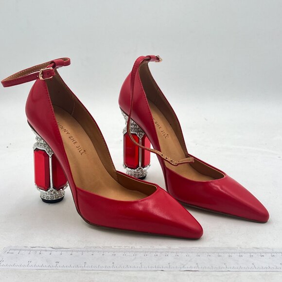 FSJ Red Crystal Block High Heels Pointed Toe Rhinestone Pumps Ankle Strap Shoes - Picture 1 of 7